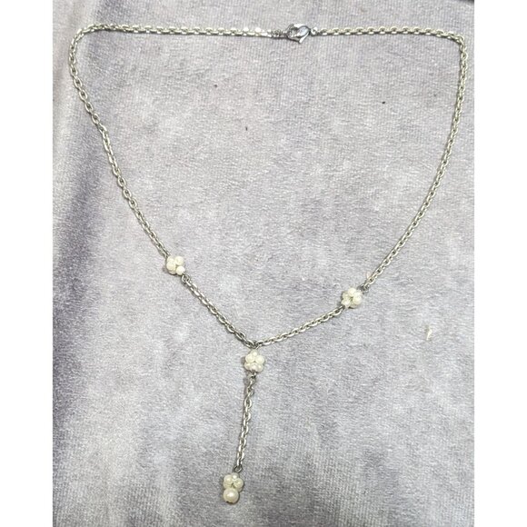 Dainty Seed Pearl Silver Tone Chain Y Drop Necklace - Picture 5 of 5